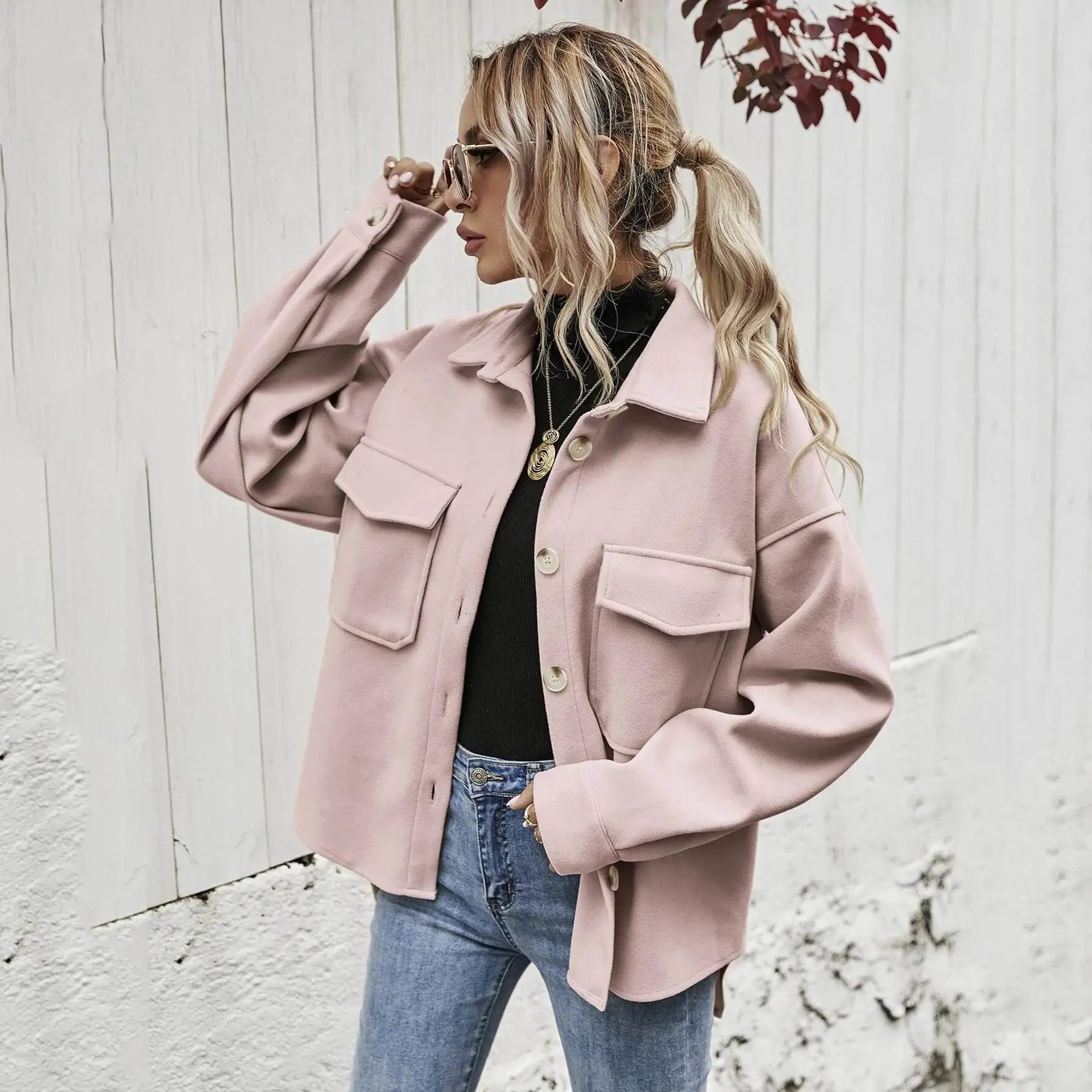 Thiened Single-Button Pure Color irt Coat Women's Loose Outerwear Autumn Winter Flip-Collar Coat in Other Materials