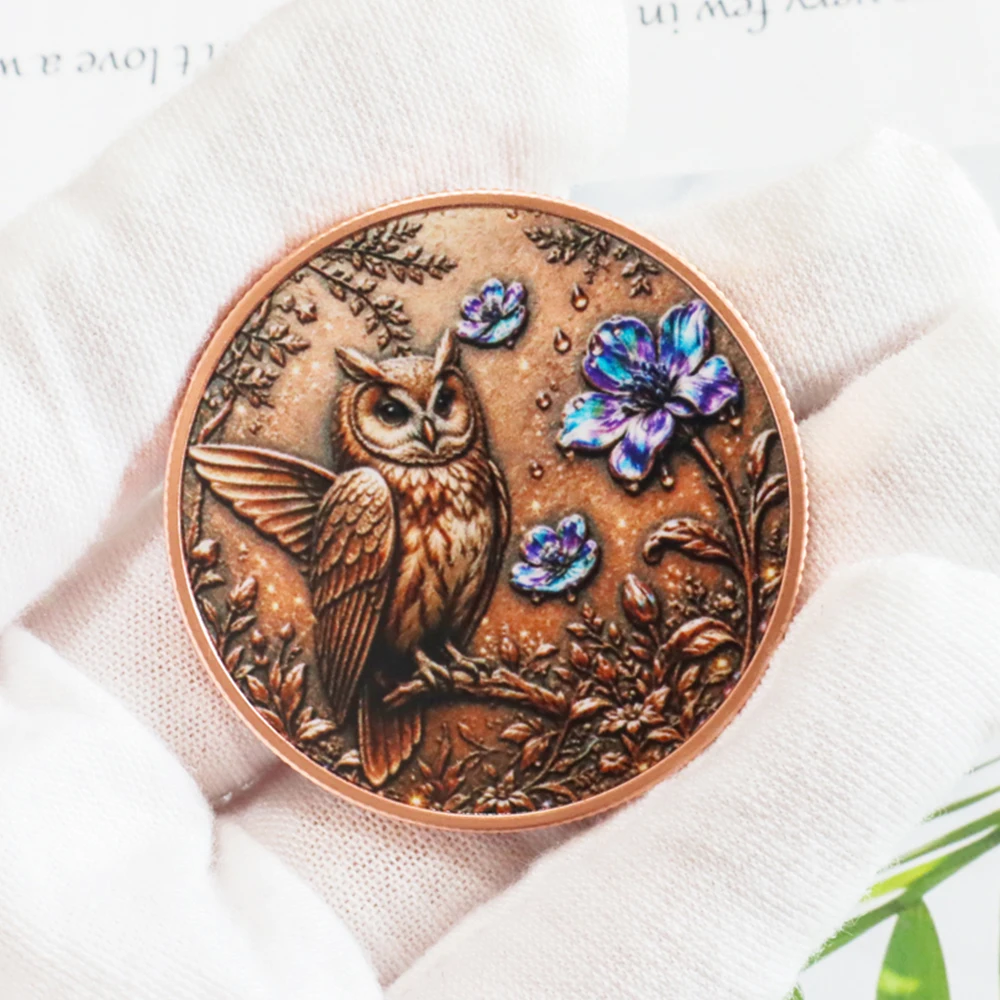 1pc 1 OZ .999 Fine Copper Coin Vintage Owl Flower Art Collectible Coin Desktop Ornament Hobby Souvenir Crafts Gifts for Friends