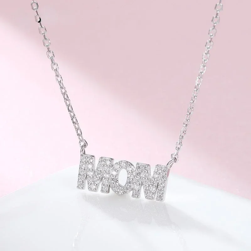 Fashion 925 Sterling Silver Mother's Day  Letter Pendant Necklace for Women's Mom  Choke Ring Birthday Gift