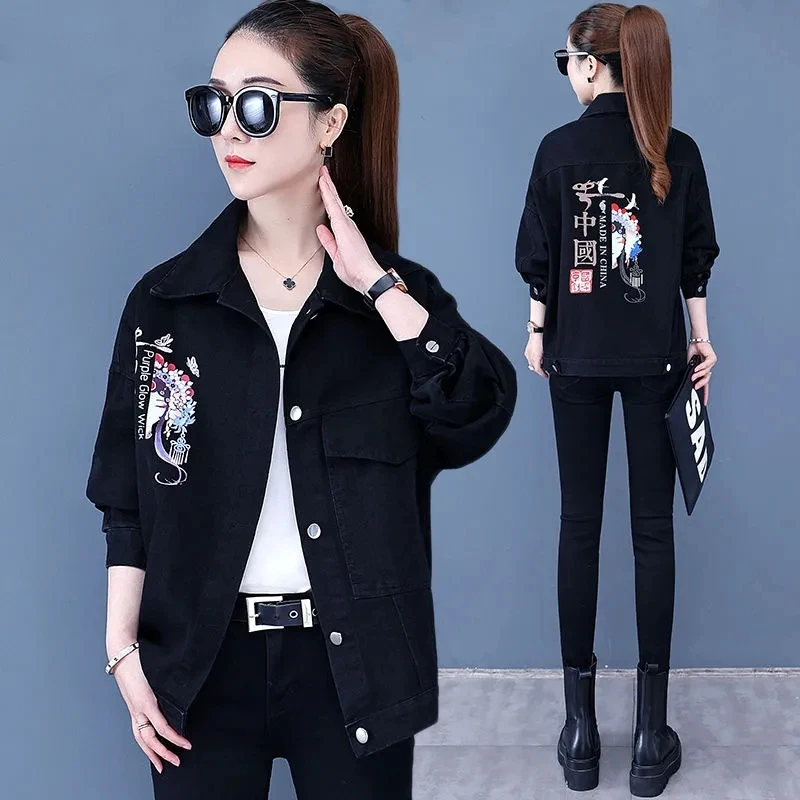 Denim Jacket Women 2023 Spring Autumn New Fashion Slim Chinoiserie Hot Flower Jeans Coat Female Large Size Print Short Outerwear