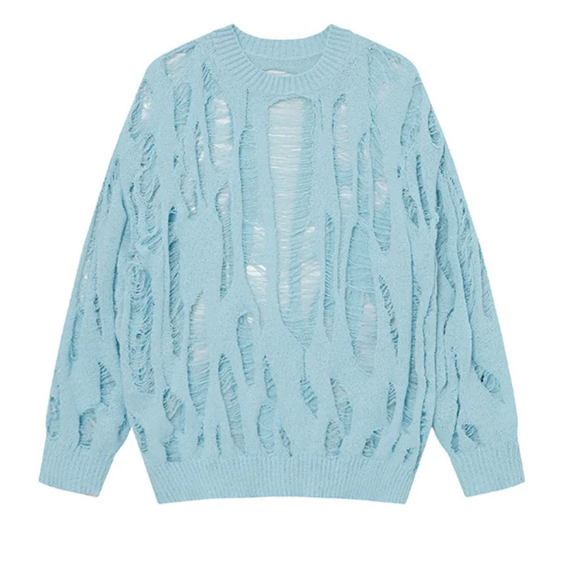 Trendy merk luie stijl licht transparante gebreide trui met lange mouwen, gescheurde gaten en losse trui met haakbloemen