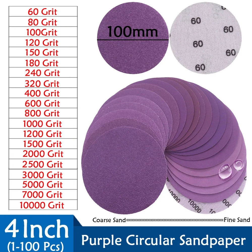 

4 Inch 100mm Purple Sandpaper 60-10000 Grits Hook Loop Aluminum Oxide Sandpaper For Wood Metal Wet Dry Polish & Rotary Tools