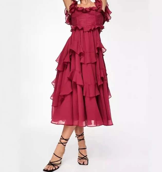 Vestidos de festa elegantes femininos sexy vestido de férias renda sem costas oco bolo saia em camadas plissado borda prazer vestido longo feminino