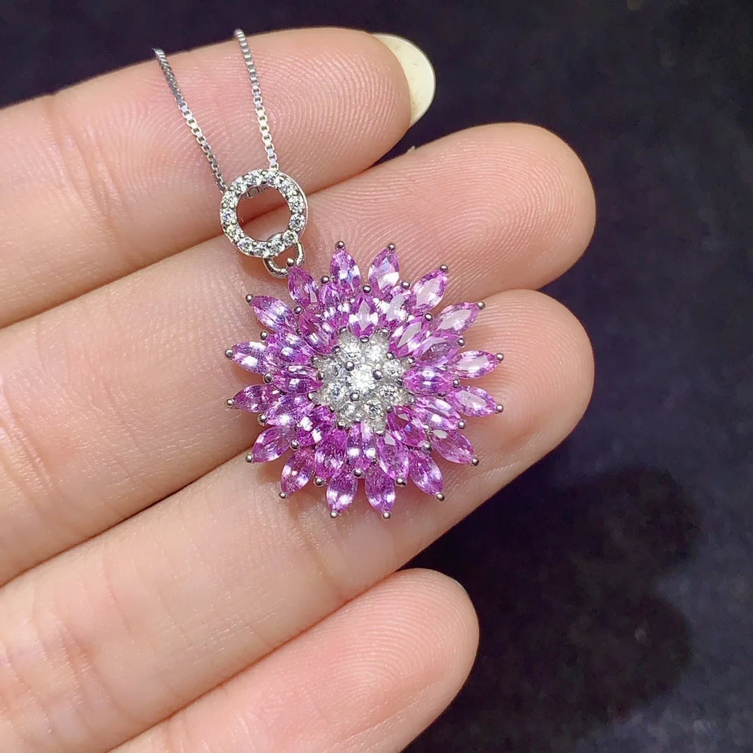 

2*4mm Natural Pink Sapphire Pendant Necklace, S925 Sterling Silver Sunflower Gemstone Jewelry, Elegant Gift for Women