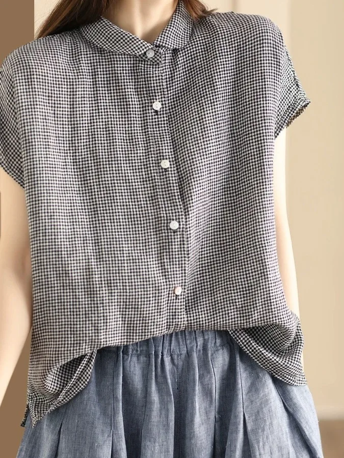 

Casual Style Plaid Short Sleeve Shirt Women's Loose Fashionable Summer Top Versatile Commute Style High Waist A-Line Skirt