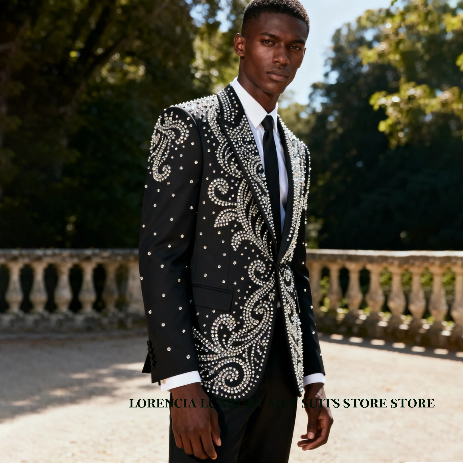 

Sparkly Rhinestone Crystals Men Suits Groom Tuxedos Wedding Male Party 2 Pieces Sets Blazer Customized Peaked Lapel Ropa Hombre