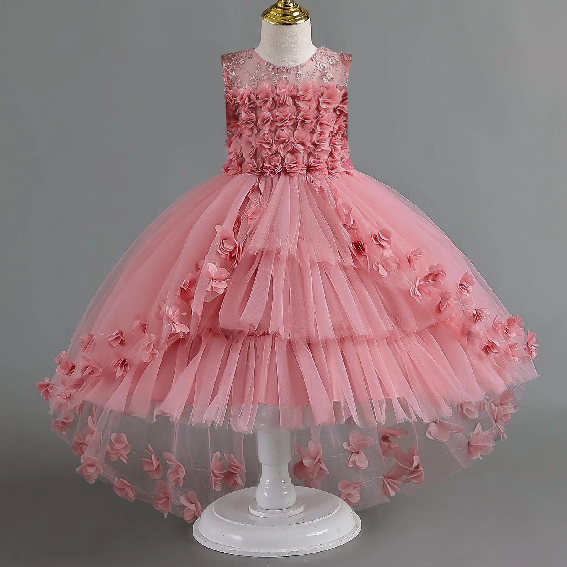 Summer Pink Flower Party Girls Dress Elegant Bow Bridesmaid Prom Gown Tulle Teens Birthday Wedding Evening Dresses Kids Clothing