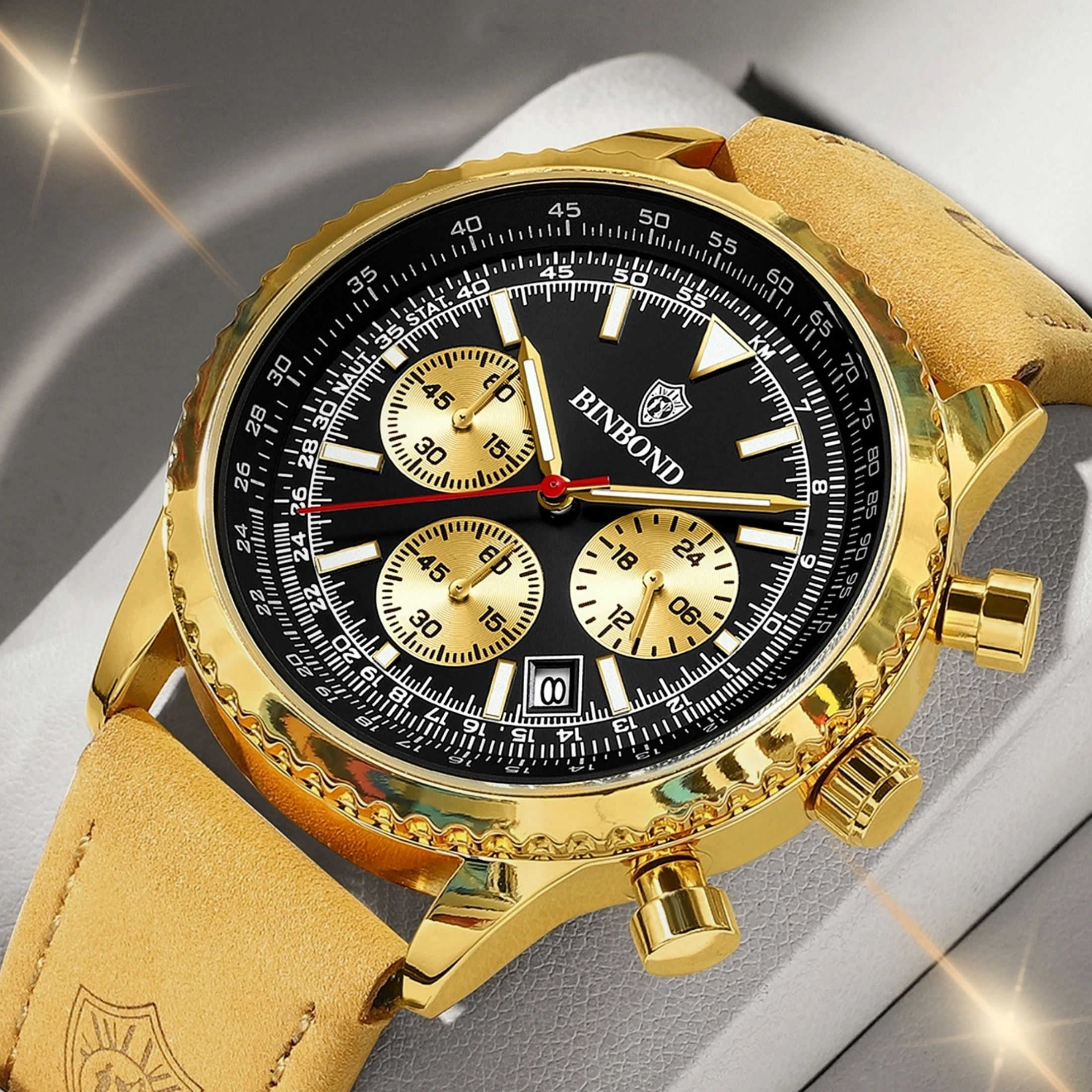 Chronograph Watch Fashion Men\'s Watch 30M Waterproof Calendar Date Function Rhinestone Dial Khaki Leather Quartz Watch Gift 6606