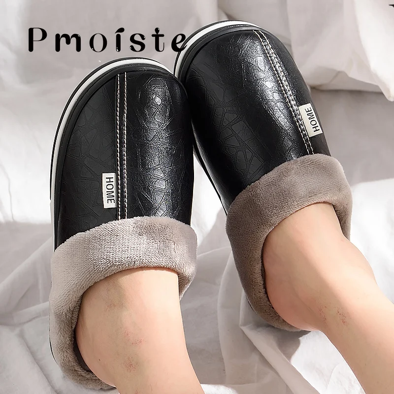 Furry Men Home Slippers PU Leather Winter Indoor Slippers with Fur Waterproof Massage Foam Male House Slipper Soft Plus Size 51