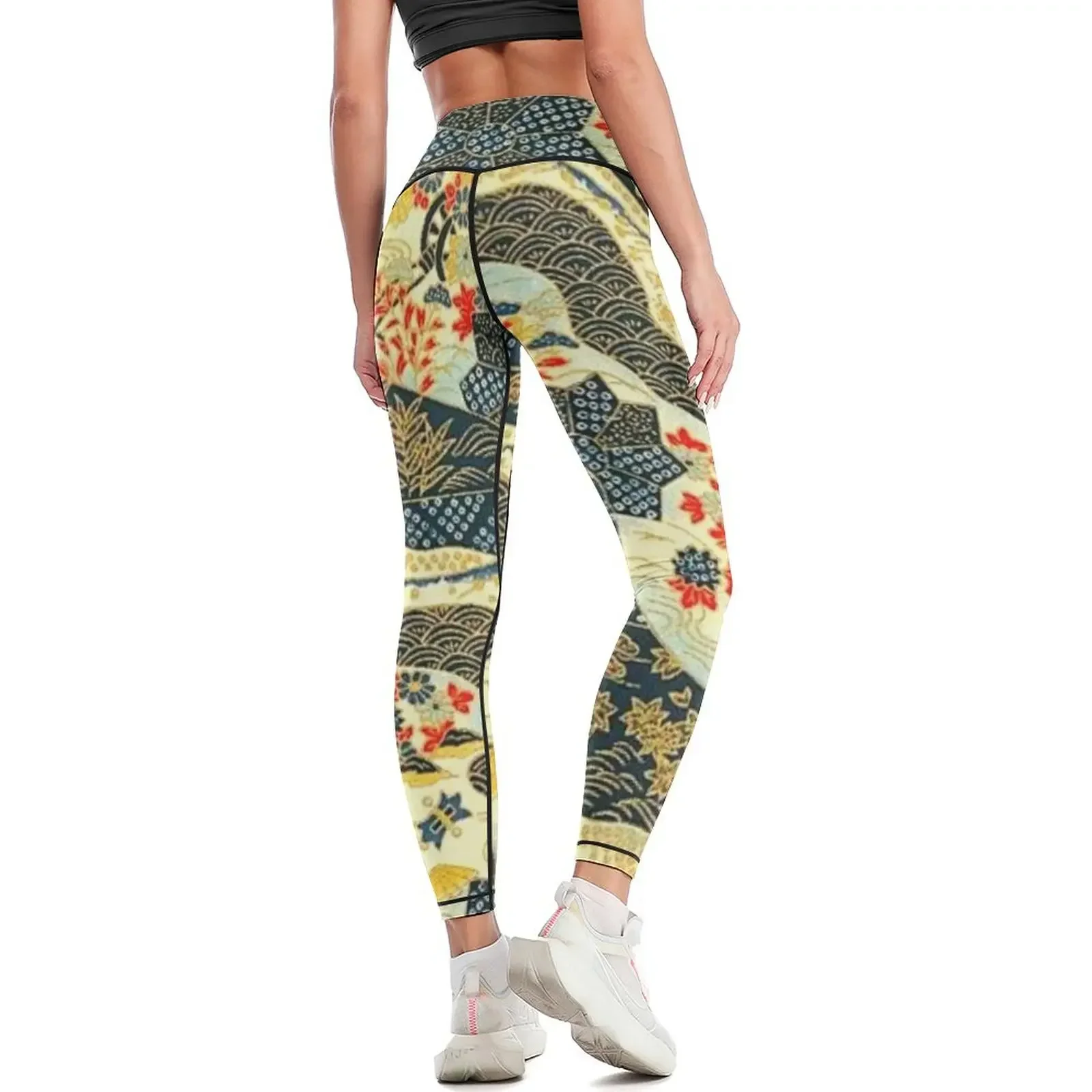 Traditional Japanese Kimono Cherry Blossom Sakura Flowers | Japanese Pattern | Gold Golden Blue and White Leggings 3