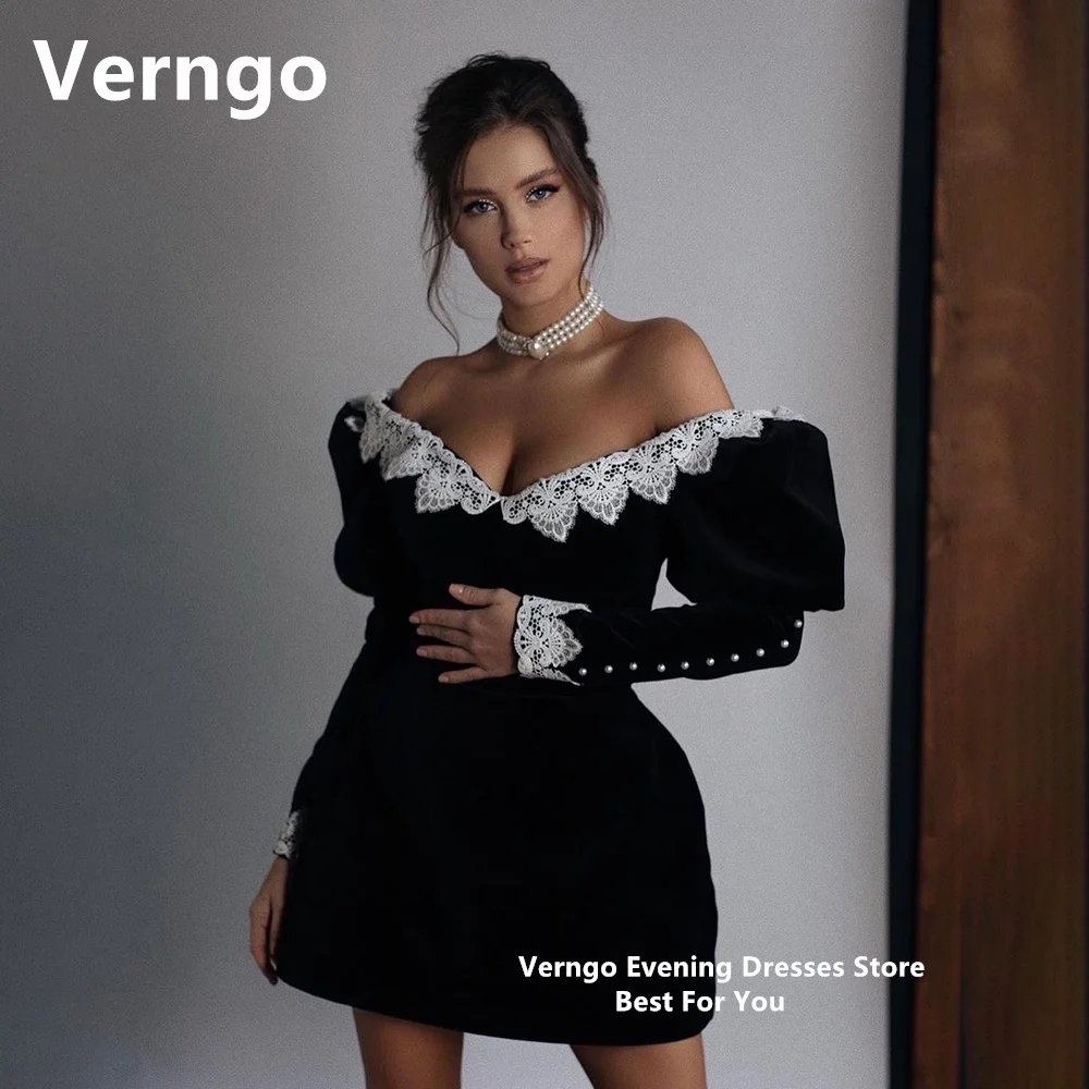 Verngo Mini abito da festa in velluto nero maniche A sbuffo in pizzo abiti da ballo perle una linea abito da compleanno per le donne eleganti abiti