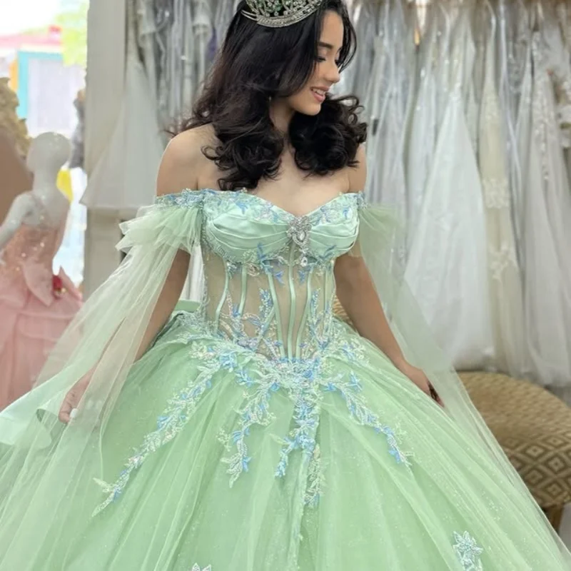 

Customized Shiny Mint Green Quinceanera Dresses Off the Shoulder sequin applique Long tail Bow Lace Vestido 15 Quinceanera