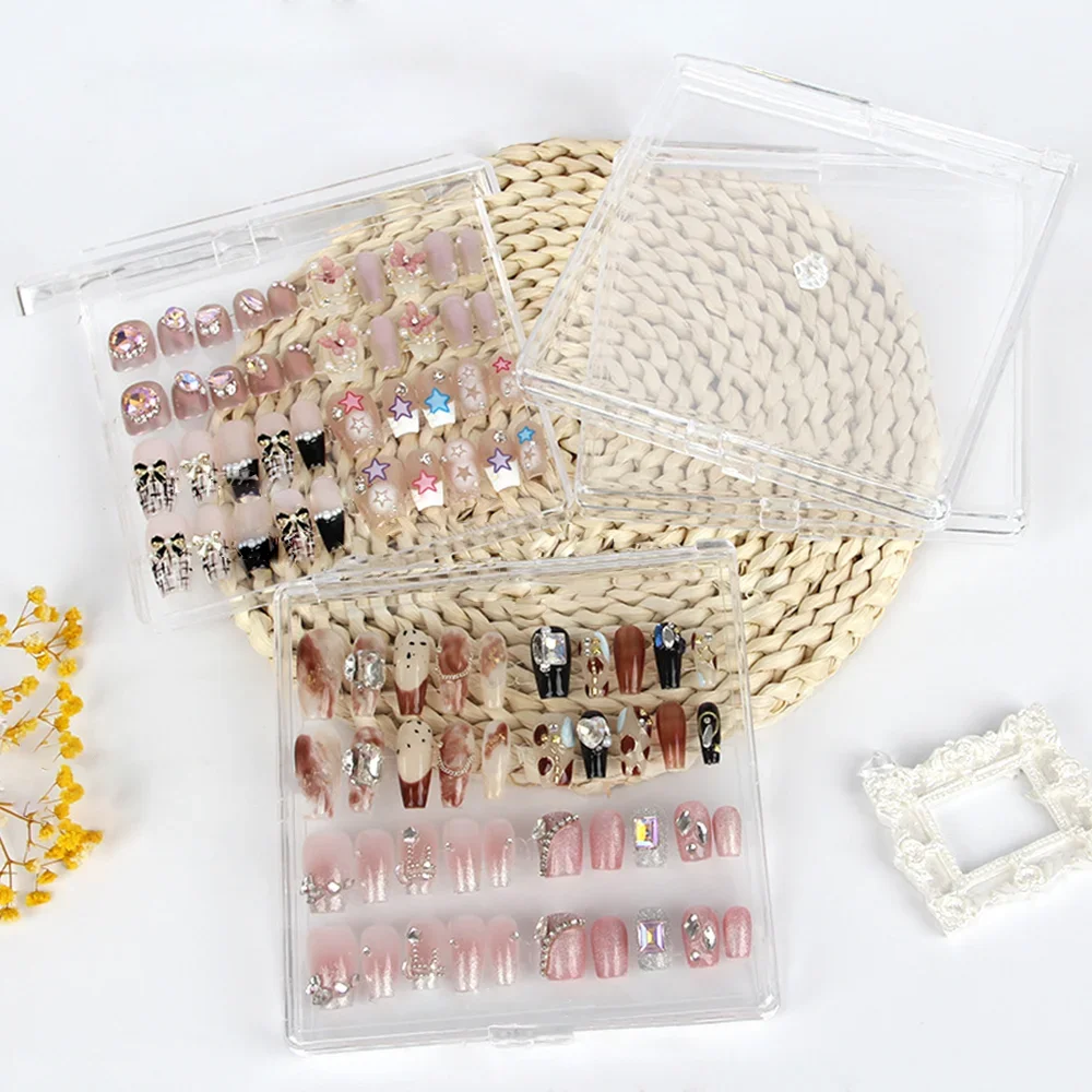 

12x12cm Large Clear Acrylic Press-On Nail Organizer – Dustproof Storage Case with Tape for Displaying Personal Nail Collections