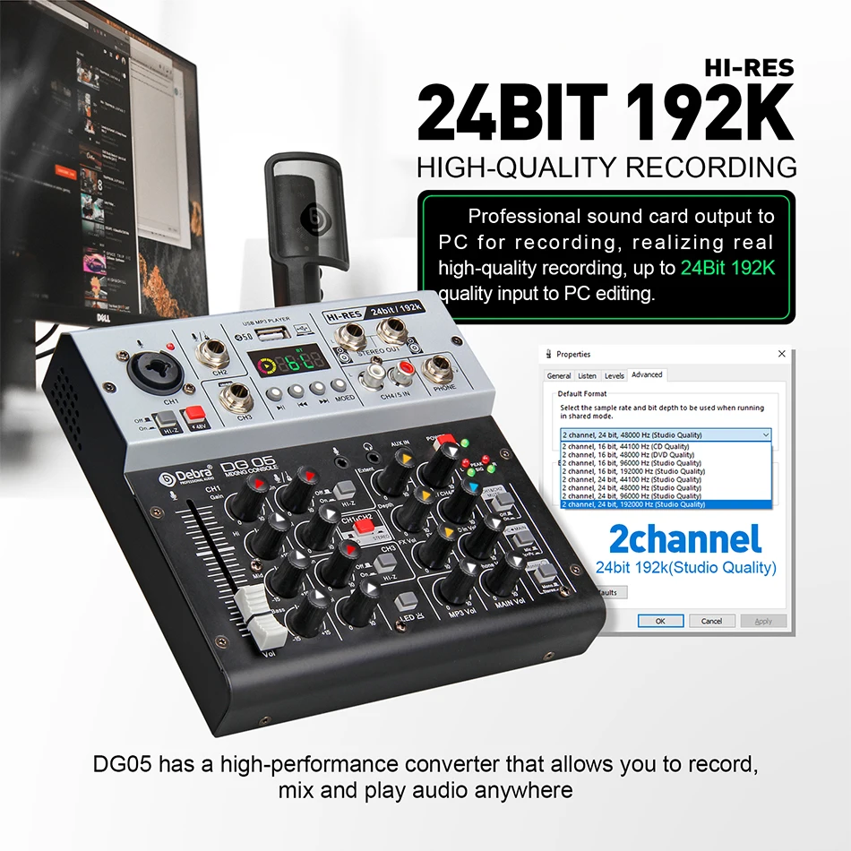 

Professional DG05 24bit 192k Sound Card Audio DJ Mixer Studio Quality, 5.0 BT, for PC, Electric Guitar Live Recording, Singing