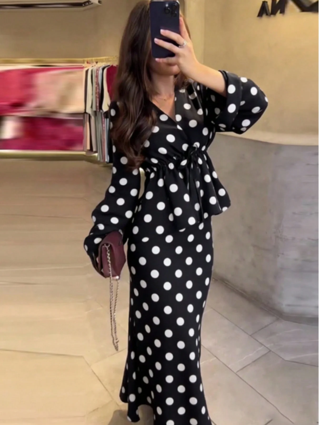 Women Polka Dot 2 Piece Outfit V Neck Long Sleeve Peplum Top & Ankle Length Mermaid Skirt Set Elegant Evening Party Matching Sui