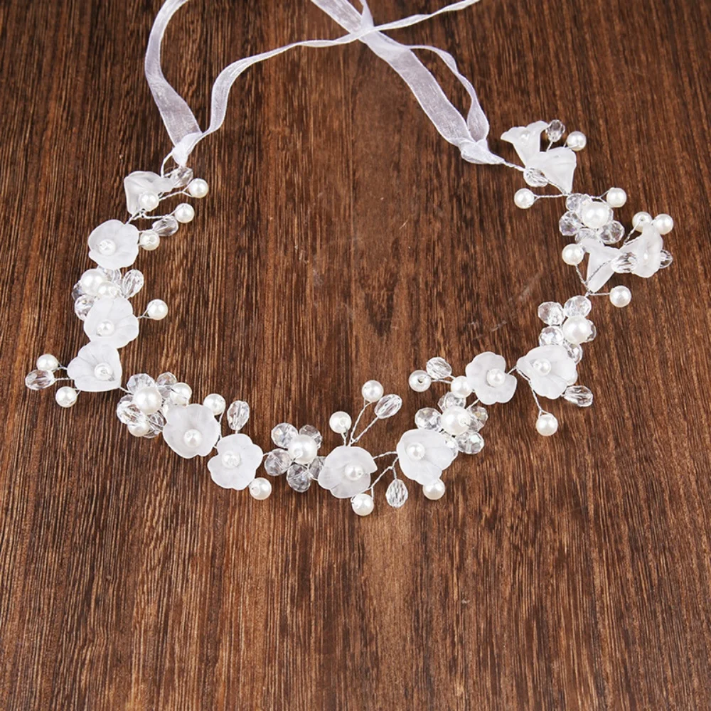 1Pc Flower Girl Flower Pearl Headband with Ribbon, Dainty Bridal Design, Ideal for Wedding & Bridal Party