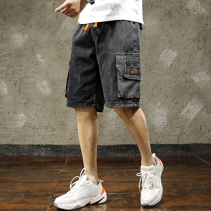 With Pockets Bermuda Man Denim Shorts Cargo Summer Short Jeans Pants for Men Cut Thin Harajuku Xl Korean Fashion Buttons Retro