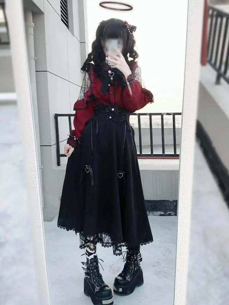 

Красный комплект Lolita Dr Set с кружевной отделкой, легкая осенняя одежда из полиэфирного волокна Princ Sle Long Sve для женщин