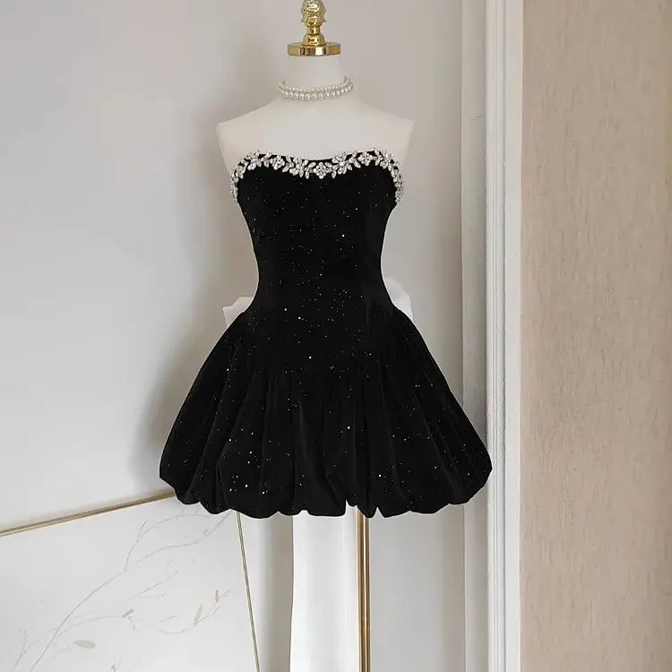 Christmas Velvet Shiny A-Line Evening Party Dress Sexy Beaded Slim Blackless Bow Gathered Corsetry Dress Lady High Streetwear