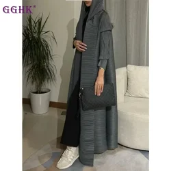 GGHK Pleated Women Trench Coat Lapel Long Sleeve Solid Color Vintage Cardigan Design Loose Large Size Arabic Luxury Female Abaya