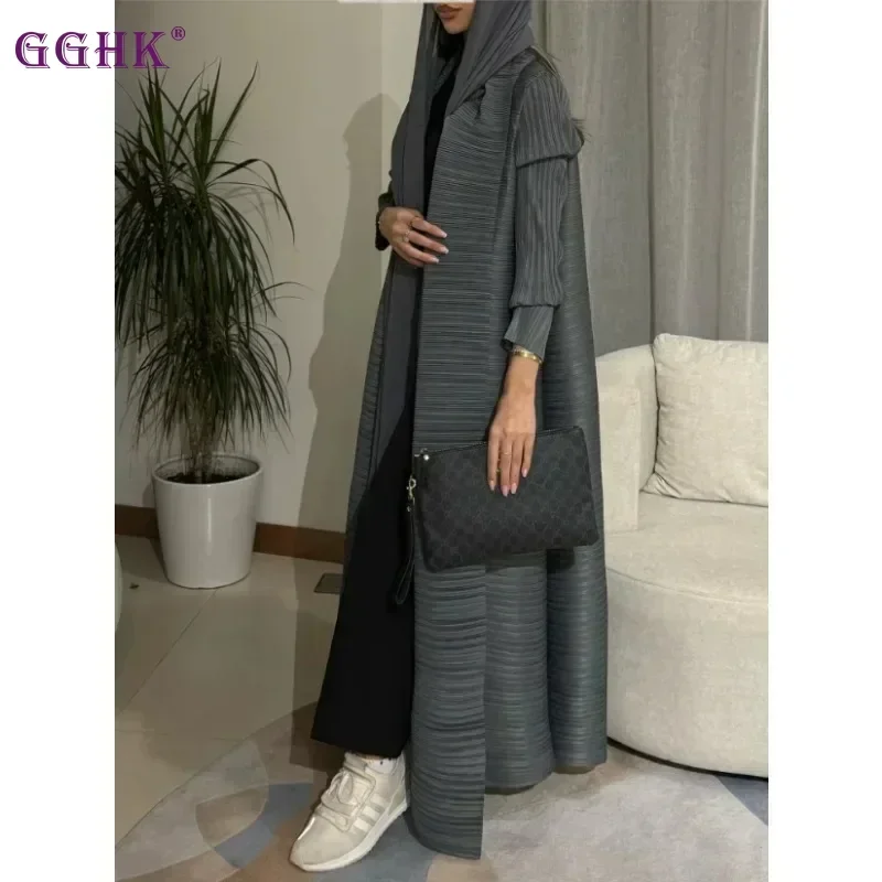 GGHK Pleated Women Trench Coat Lapel Long Sleeve Solid Color Vintage Cardigan Design Loose Large Size Arabic Luxury Female Abaya