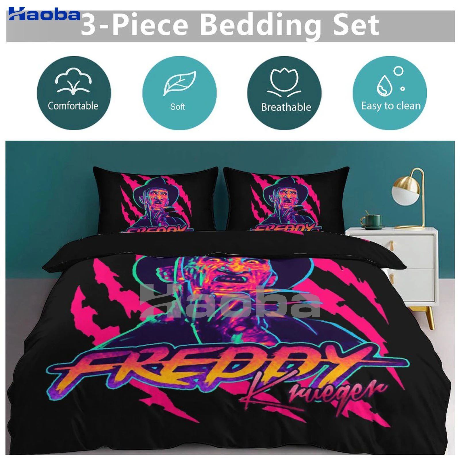 Conjunto de cama impresso para crianças e adultos, Freddy Krueger, capas para colchas, capas de cama, presentes de aniversário para mulheres e homens, 3 peças