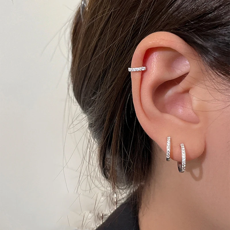 3pc Set Simple Stainless Steel Crystal Small Hoop Earrings