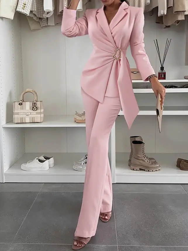 

2 Pieces Outfit Women Outfit Metal Ring Decor Notched Collar Overlap Long Sleeve Wrap Front Blazer & Elegant Flared Pants Set