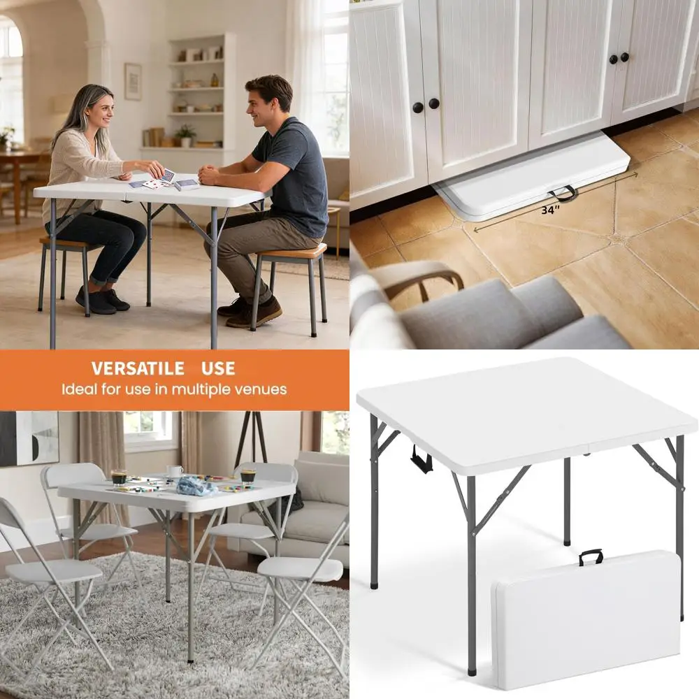 

Portable Heavy-Duty HDPE Utility Dining Table with Carrying Handle, Ideal for Camping, Picnics, Office, Parties (White)