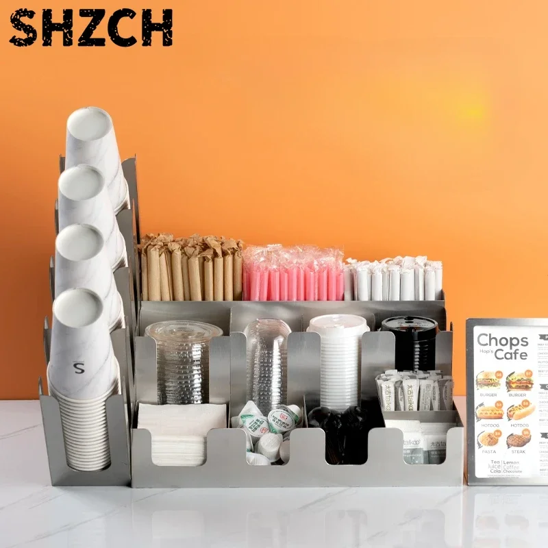Multi-Functional Napkin Holder Milk Tea Shop Storage Box Multi-Grid Partition for Straws Thickened Material New Arrival Hot Sale