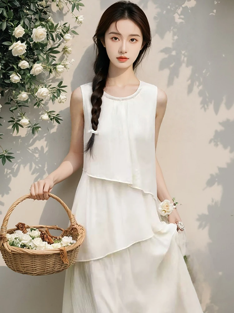 2025 branco retalhos babados casaul vestido de férias feminino elegante sem mangas bodycon vestido longo verão coreano vintage vestido de festa