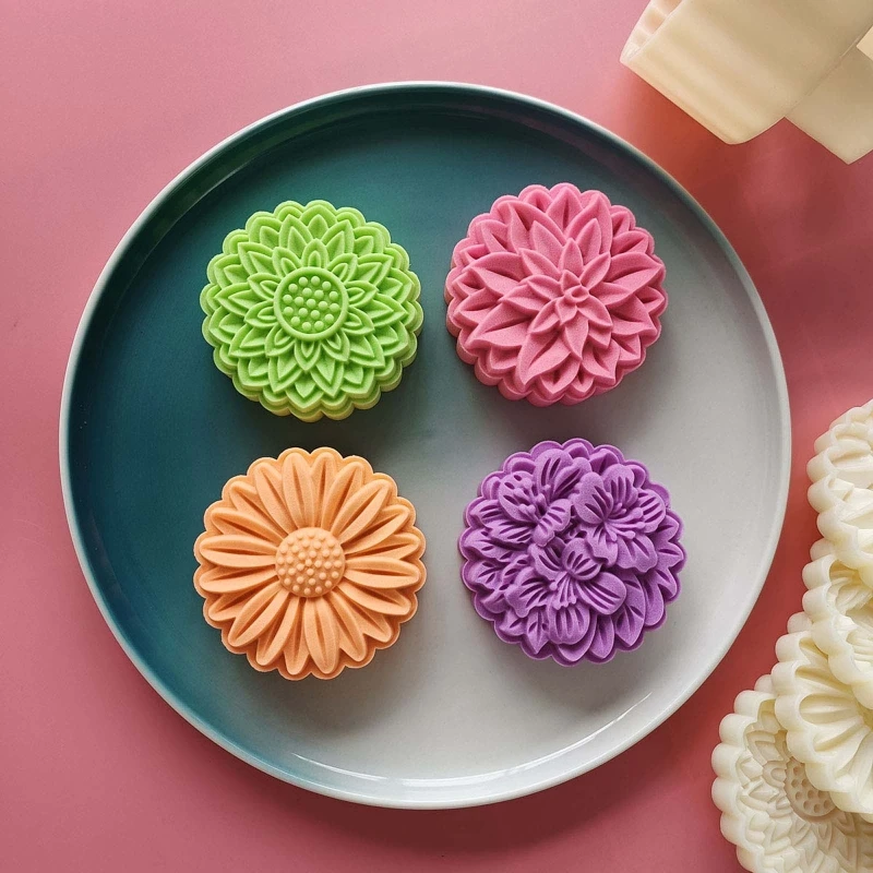 Round Flower Mooncake Mold Set 150g Mid Autumn Festival DIY Hand Pressure Fondant Moon Cake Mould Decoration Tool M68E