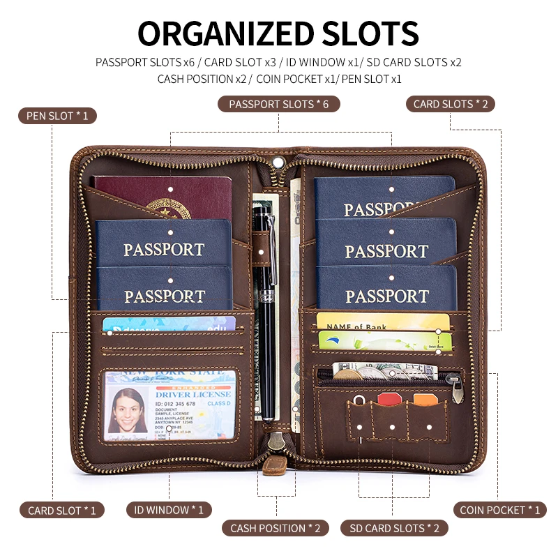 Large Capacity Genuine Leather Passport Holder Travel Passport Wallet Vintage Bifold Passport Case RFID Blocking Card Holder