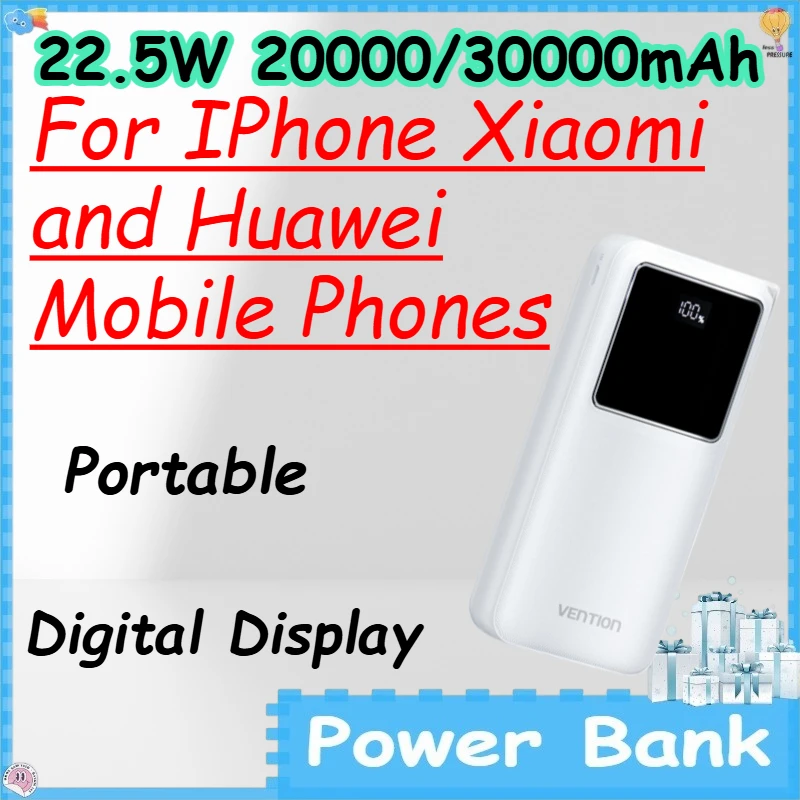 22.5W 20000/30000mAh Digital Display Power Bank for IPhone Xiaomi and Huawei Mobile Phones Portable PowerBank