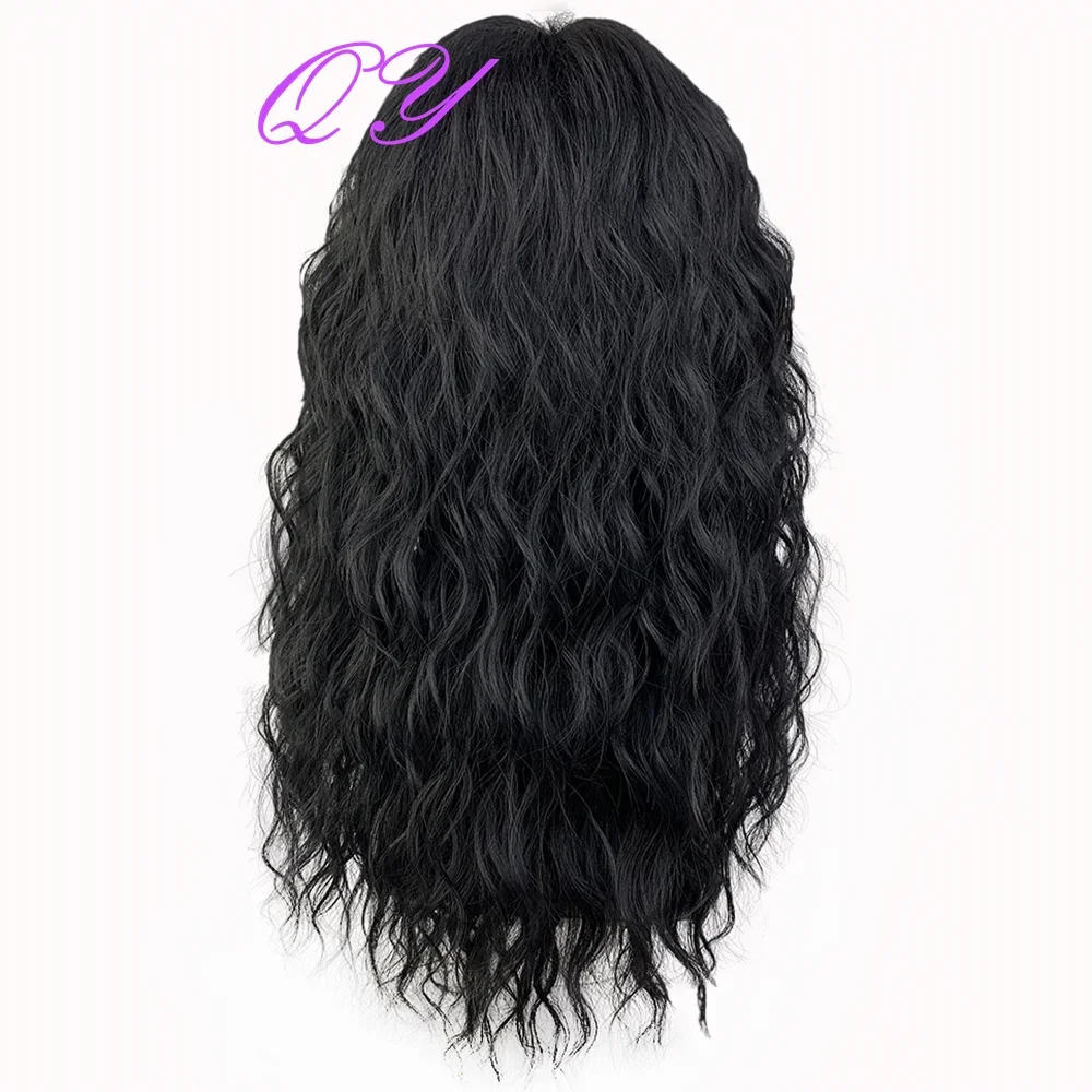 Peluca de pelo largo negro sintético para hombres, cabello Rock And Roll de buena calidad, rizado ondulado de agua Natural con flequillo, peluca