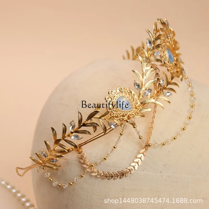 New European and American style retro protein diamond golden leaf crown bride photo studio performance headgear baroque