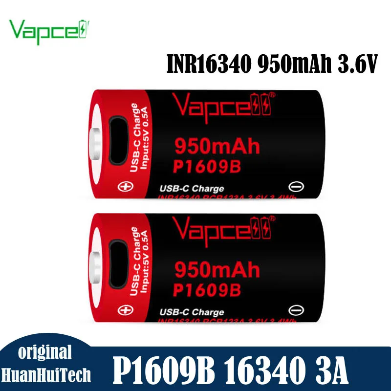 Original Vapcell P1609B RCR123A 16340 950 mah 3A batterie protégée USB-C Rechargeable bouton haut lampe de poche batterie