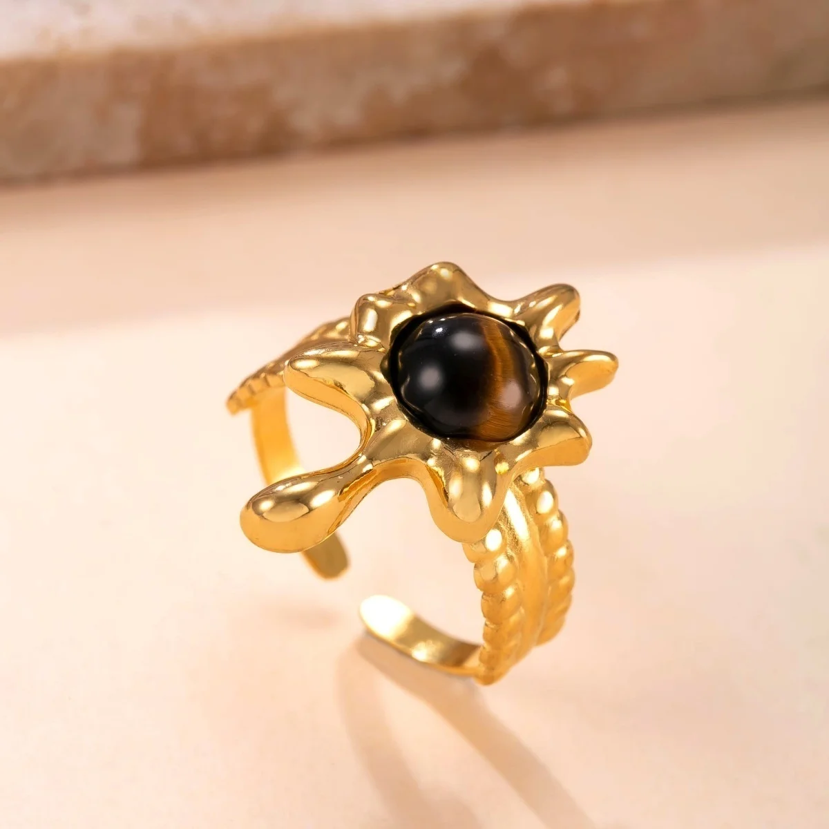 Vintage Maillard Tigerauge-Stein Ovaler Lava-Sonnen-Fingerring für Damen und Herren, Edelstahl, hohler geometrischer Ring, Herbstschmuck – Detail 21
