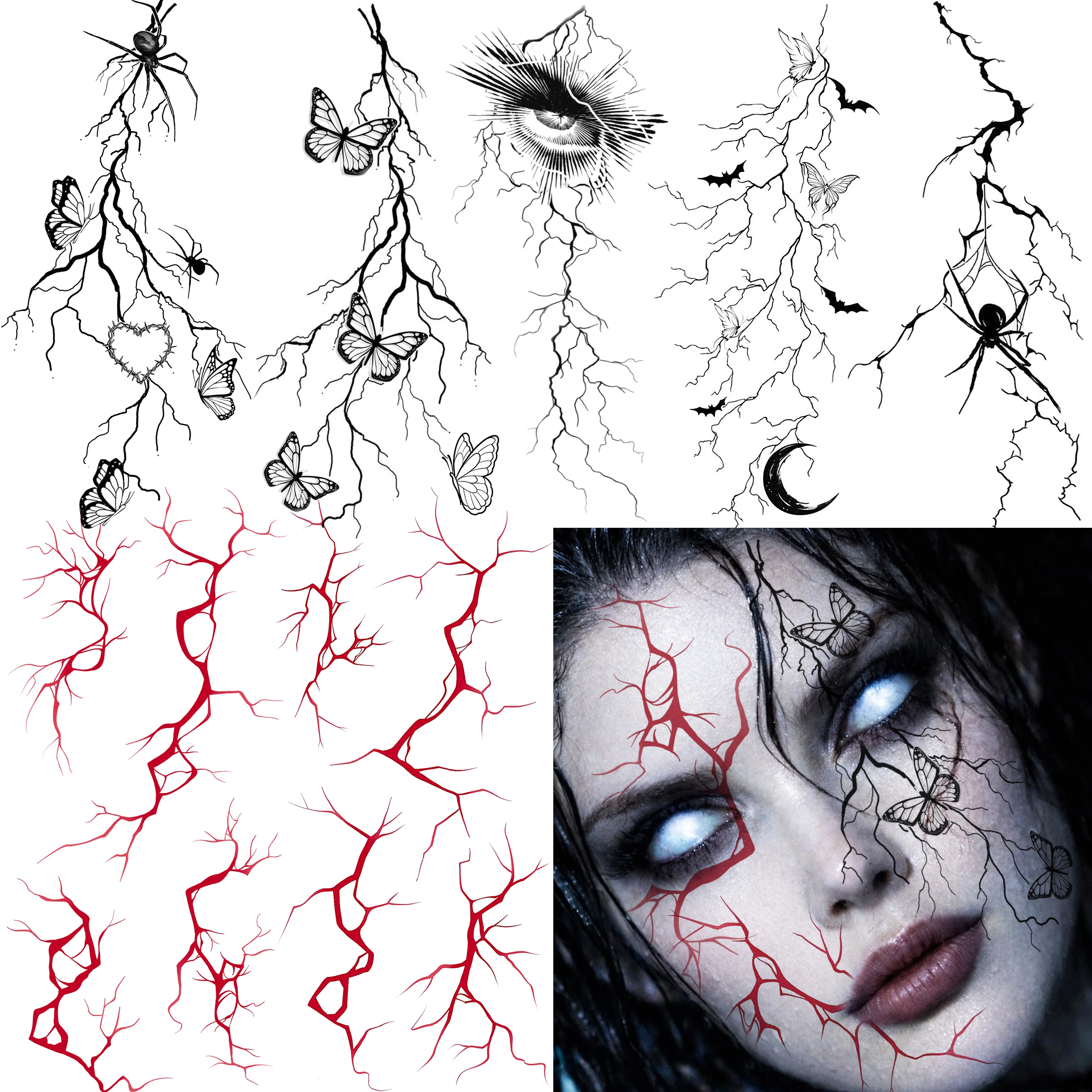 7 Sheets Halloween Realistic  Lightning Bolt Crack Blood Vessel Spider Butterfly Temporary Tattoo, Waterproof Fake Tatoo Sticker