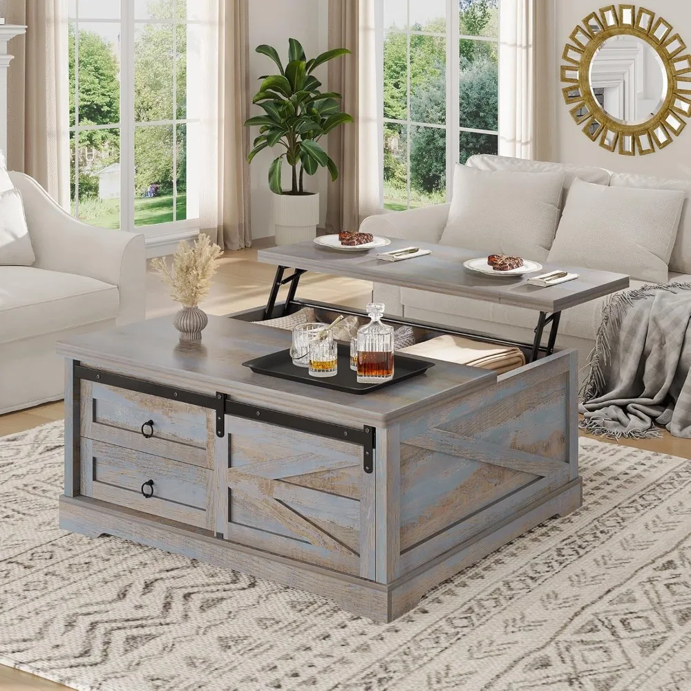 Meja Kopi Lipat 39,4'' dengan Penyimpanan, Meja Kopi Gaya Farmhouse untuk Ruang Tamu, Meja Kopi Persegi dengan Penyimpanan Besar