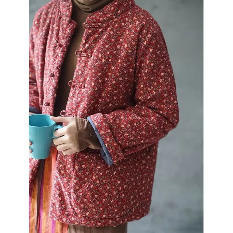 

Thiened, китайский хлопковый жакет с цветочным принтом, женская зимняя верхняя одежда, длинный воротник на пуговицах спереди с высоким воротником и принтом в стиле ретро