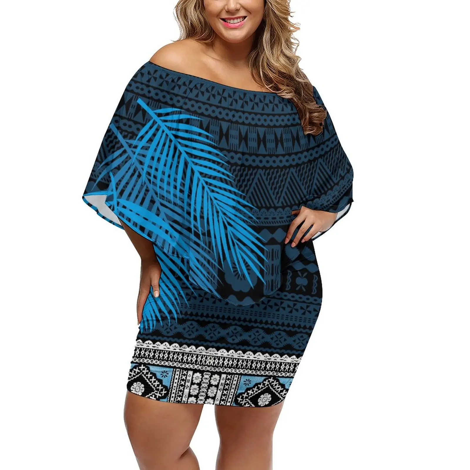 

Polynesian Women Square Neck Printed Long Dress Hawaii Mermaid Dress Ruffled Bottom Samoan Tribal Style New Design