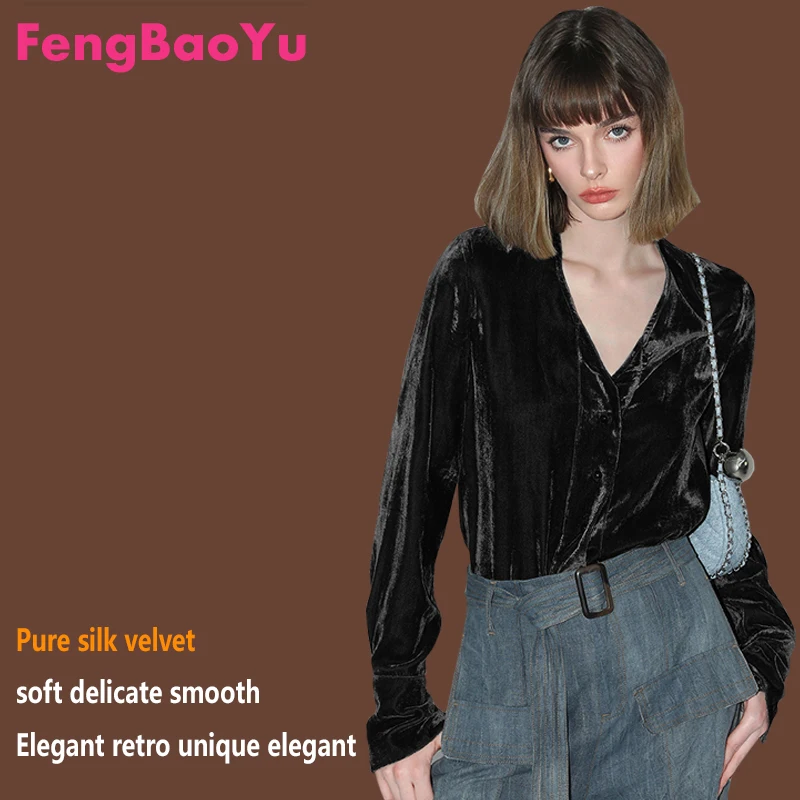 Luxury Style Silk Velvet Women's Shirt Long Sleeve V-neck Long Sleeve Simple and Fashionable Urban Clothing Shiny and Lustrous