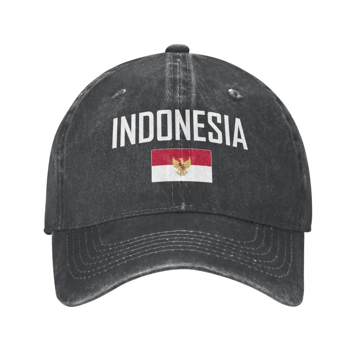 

Men Baseball Cap INDONESIA Flag And Font Charcoal Washed Denim Classic Vintage Cotton Dad Trucker Hat Unisex Adult