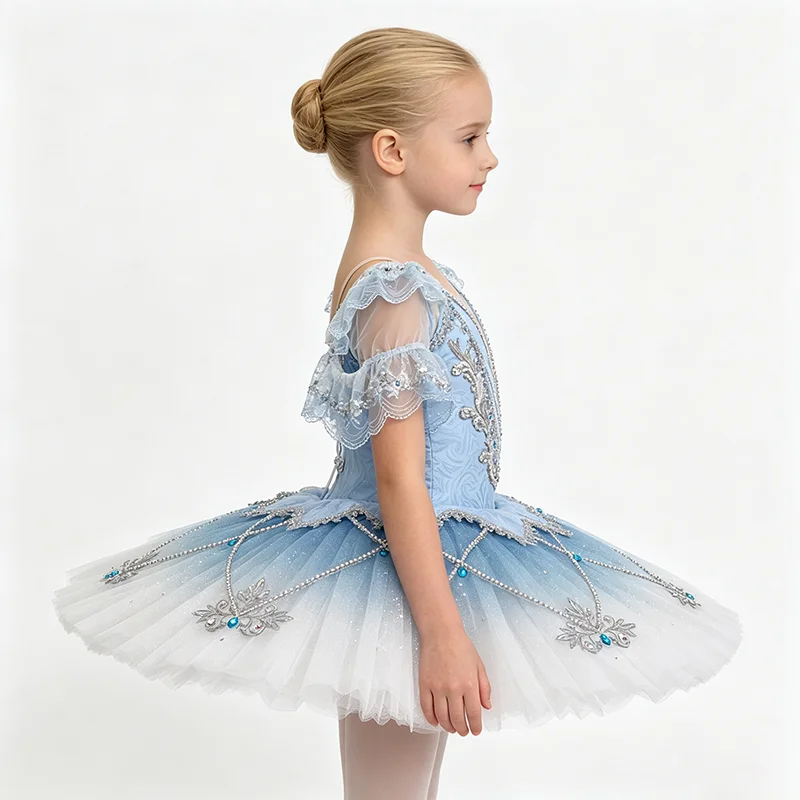 Womens Lace Flutter Sleeve V Neck Ballet Tutu Performance Dress Silver Branch Blue Rhinestone Geometric Star Trim Light Blue Whi