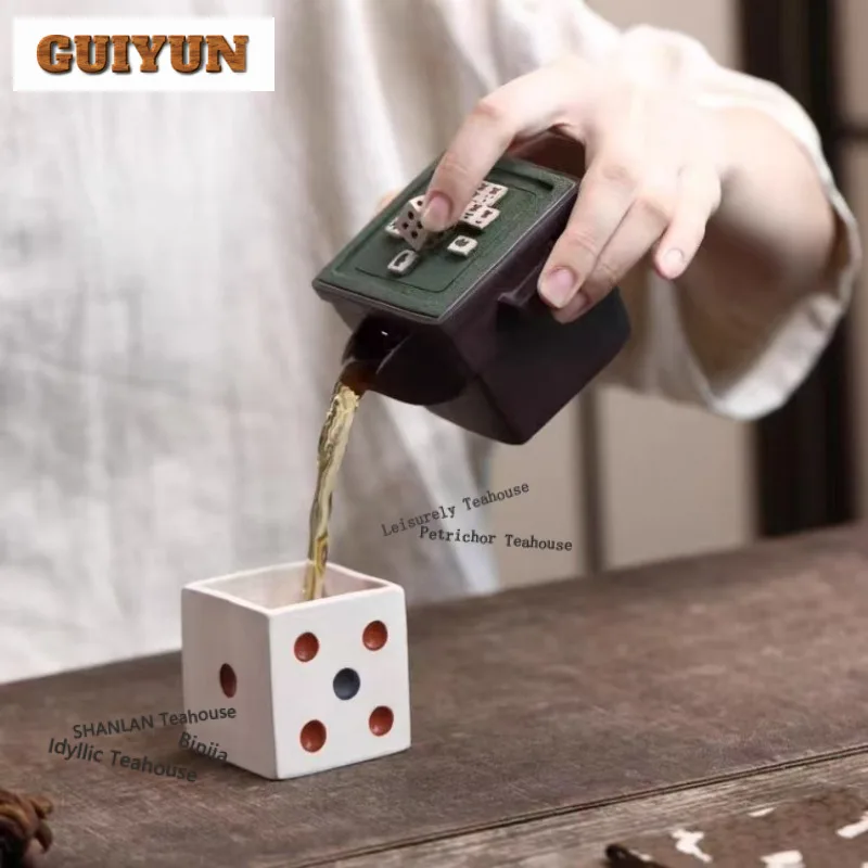 180ml Retro Yixing Purple Clay Teapots Handmade Hand Grab Mahjong Pot Raw Ore Purple Mud Kettle Zisha Tea Set Withdice Teacup