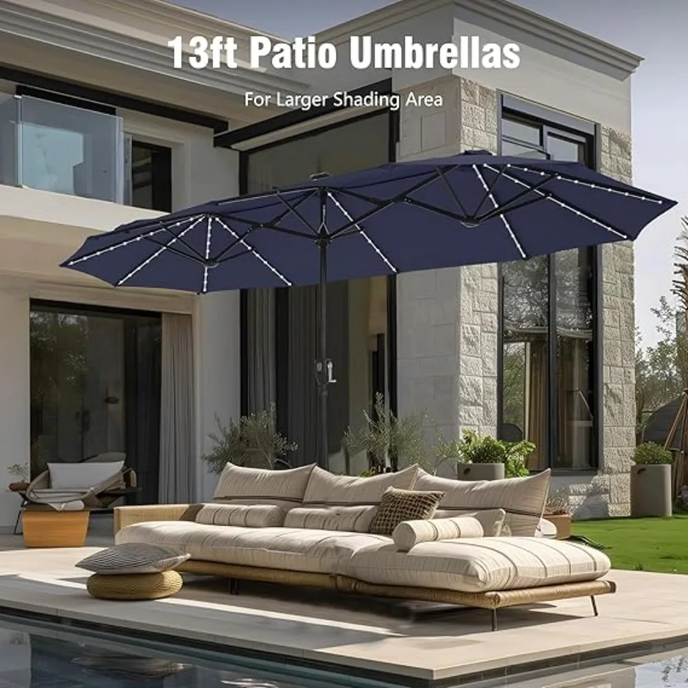 

13FT Double-Sided Patio Umbrella with Solar Lights, Outdoor Table Rectangular Umbrellas with 120 LED Lights, Hand Crankf or Lawn