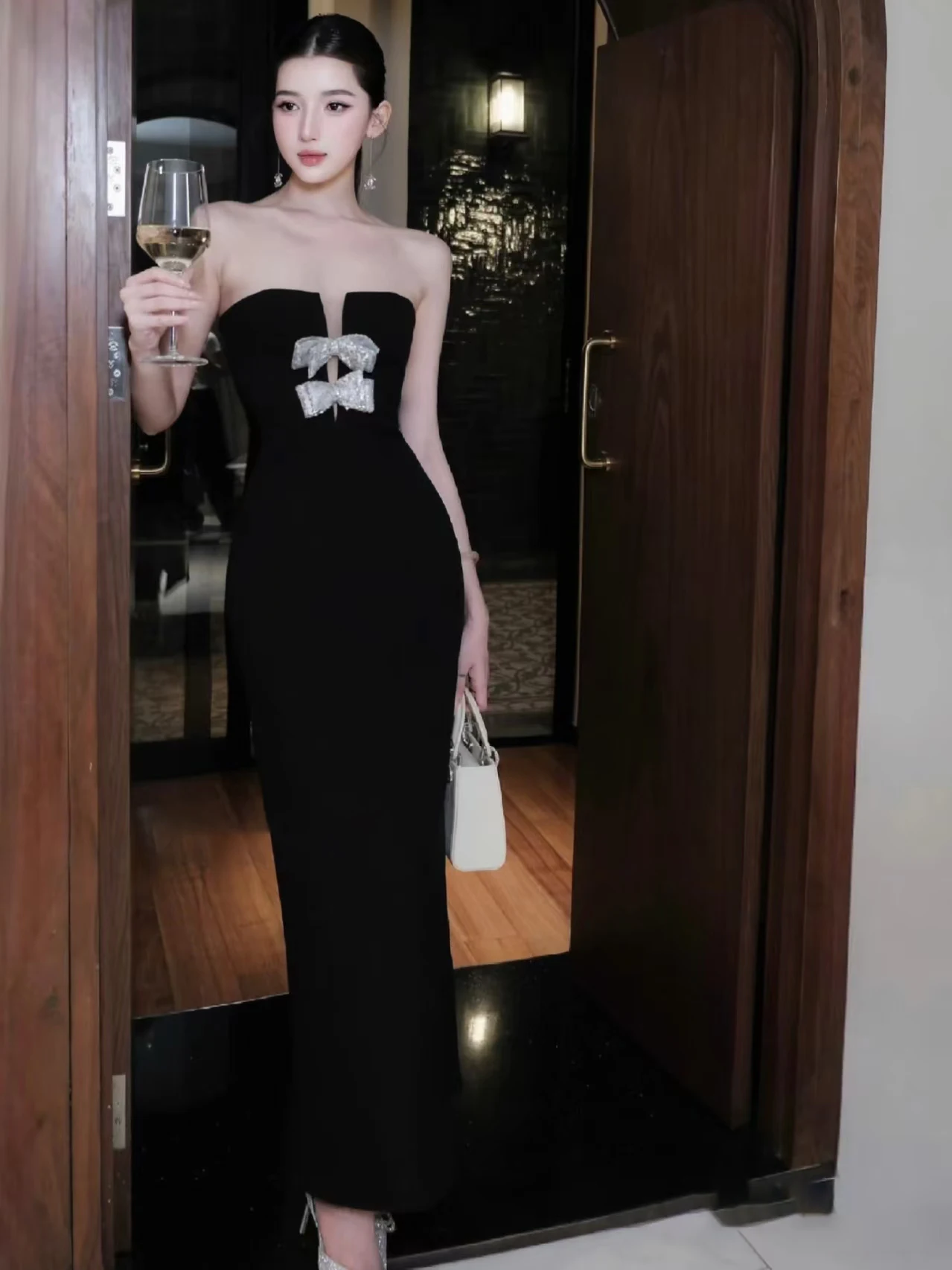 

Ele Bla Long Dr Women's Summer Hepburn Sle Sa Knot Slimming Gown mid Waist Zipper Bal Full Length