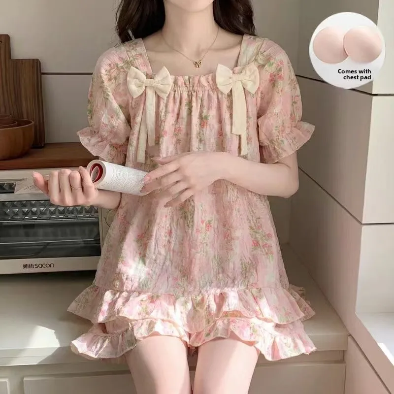 Summer 2pcs/set Women Princess Style Sweet Pajama Girls Cute Floral Print Loungewear Lady Casual Lace Ribbon Bow Pajama Sets