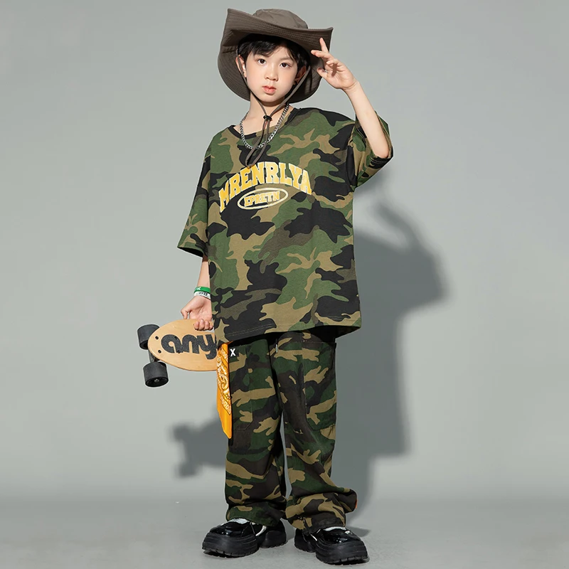 Camiseta de camuflaje para niños, pantalones, ropa fresca de Hip Hop, traje de baile de Jazz para niñas, traje Kpop, ropa de baile callejero SL8629